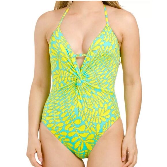 Trina Turk Trellis Halter One Piece Swimsuit Leaf Print Turquoise Yellow 10 - Picture 1 of 7